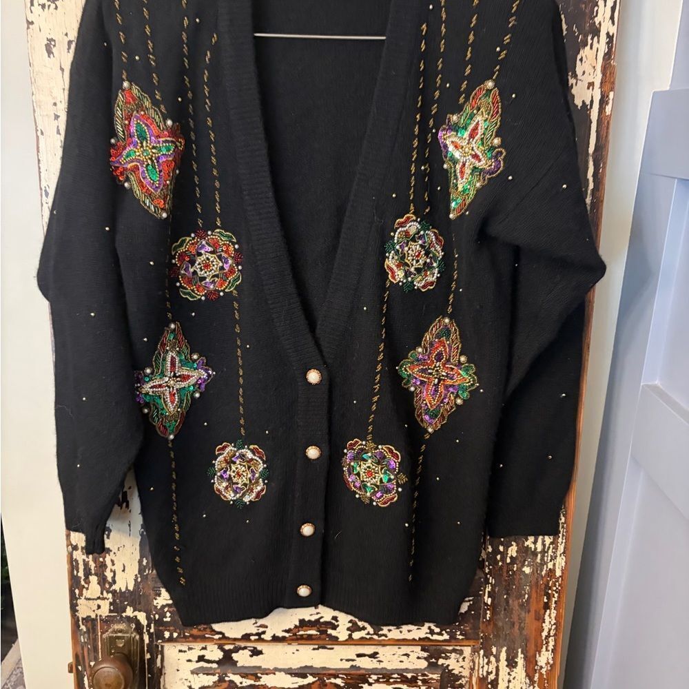 Premier vintage Black wool  Cardigan with Colorful Embellishments. Size L.